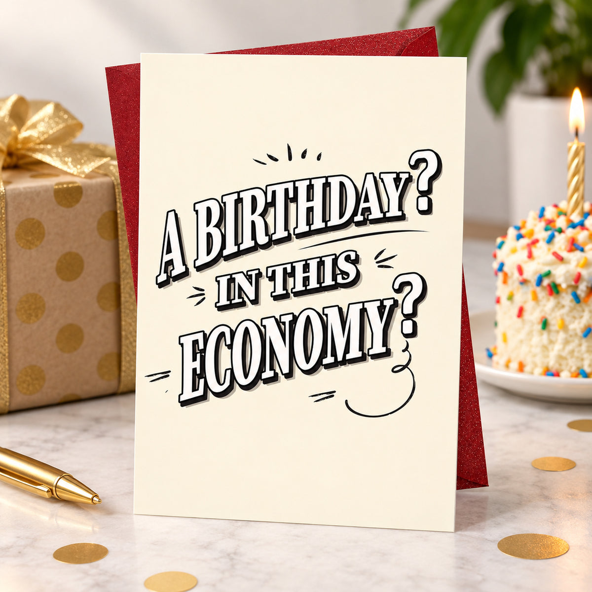 Funny Birthday Card with Red Envelope, Blank Inside — card in a gift setting