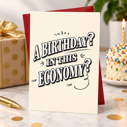 Funny Birthday Card with Red Envelope, Blank Inside — card in a gift setting