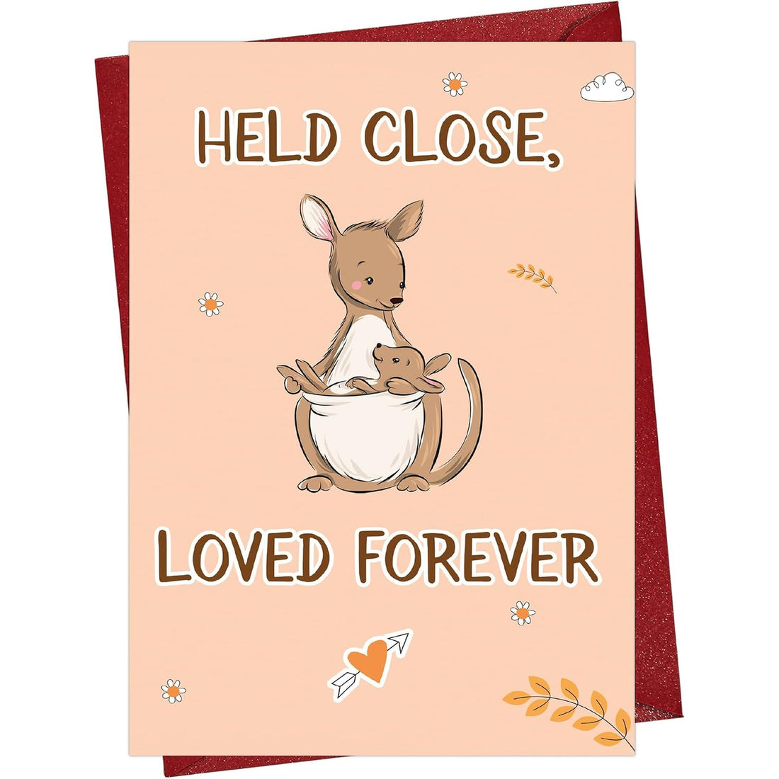 Held Close Loved Forever kangaroo greeting card — front and envelope