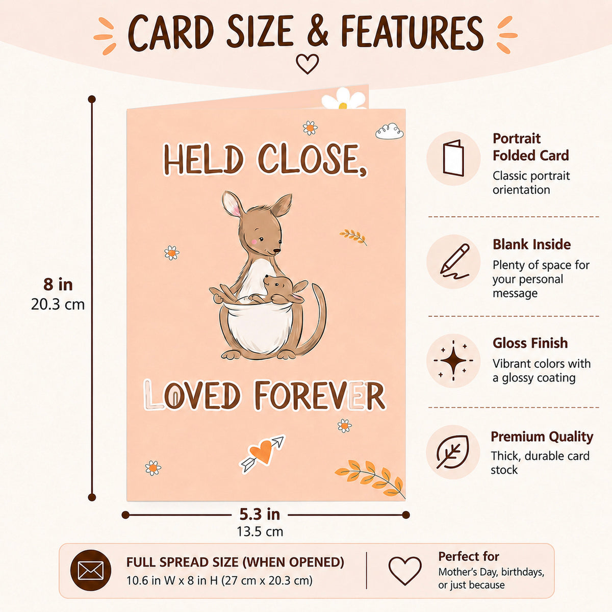 Held Close Loved Forever kangaroo greeting card — dimensions and features