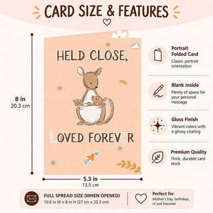 Held Close Loved Forever kangaroo greeting card — dimensions and features