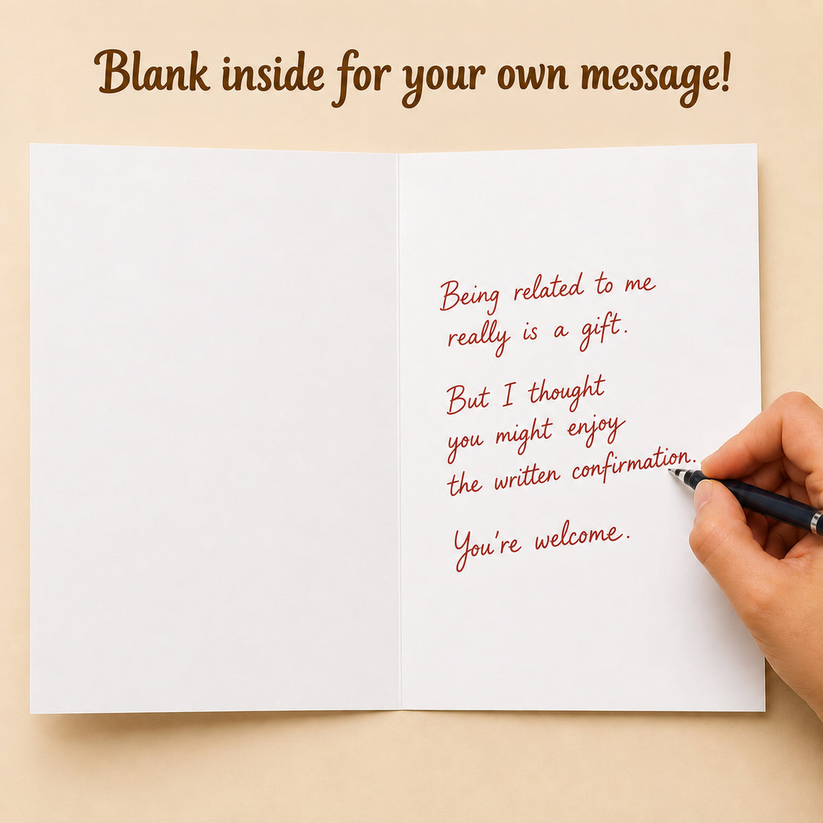 Funny Family Greeting Card with Kraft Envelope — interior with handwritten message example