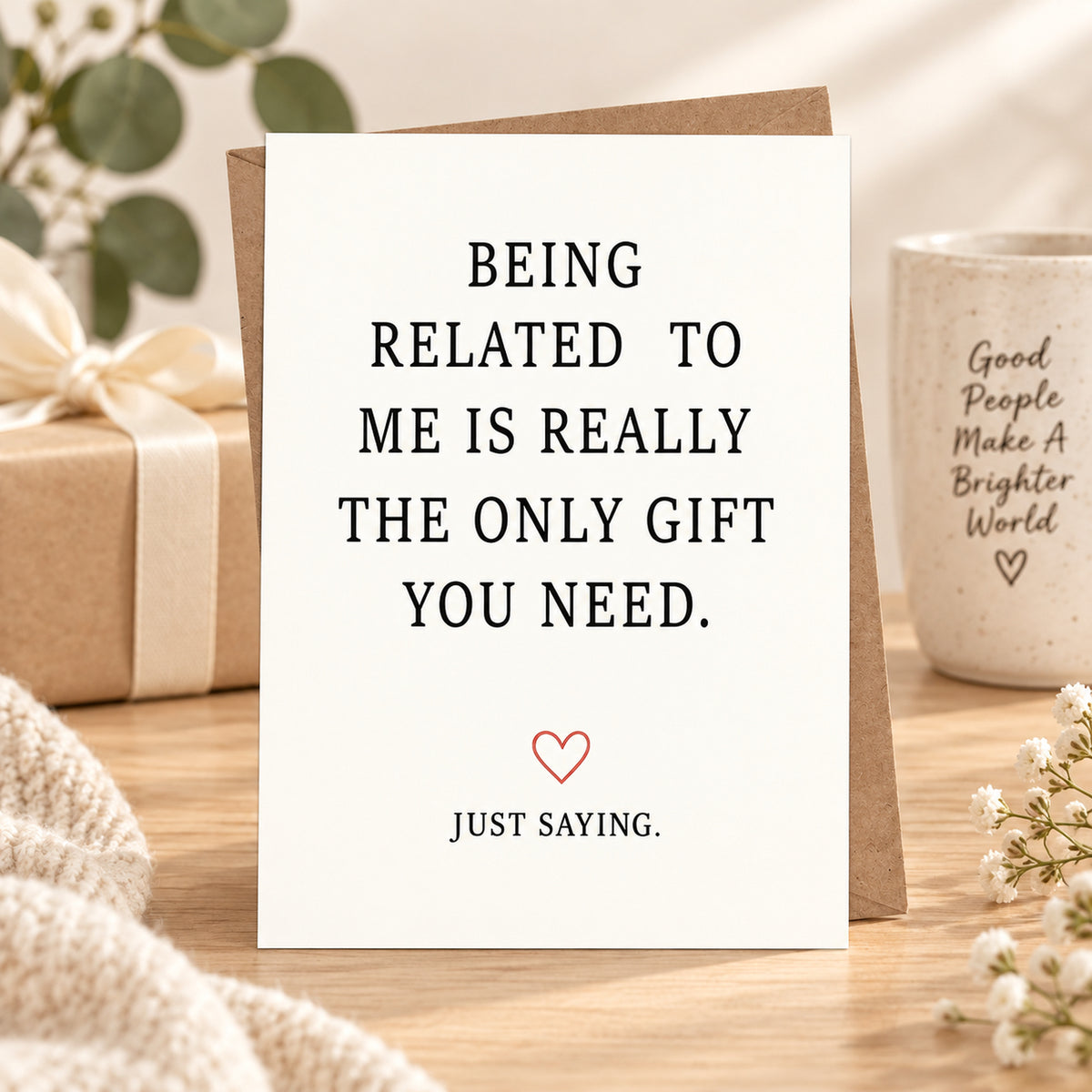 Funny Family Greeting Card with Kraft Envelope — card in a gift setting