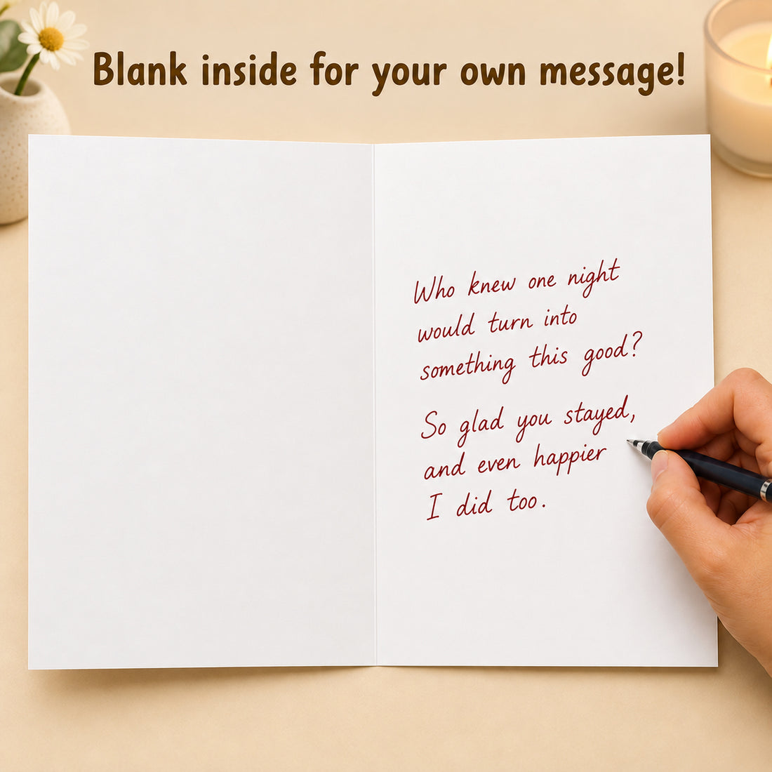 Funny One Night Stand Love Card, Blank Inside — interior with handwritten message example