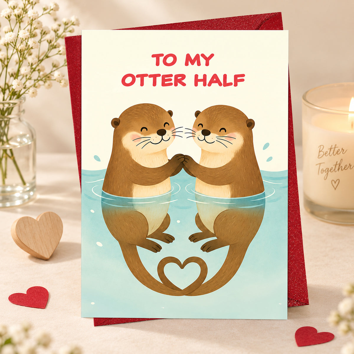Otter Love Greeting Card with Red Envelope — card in a gift setting