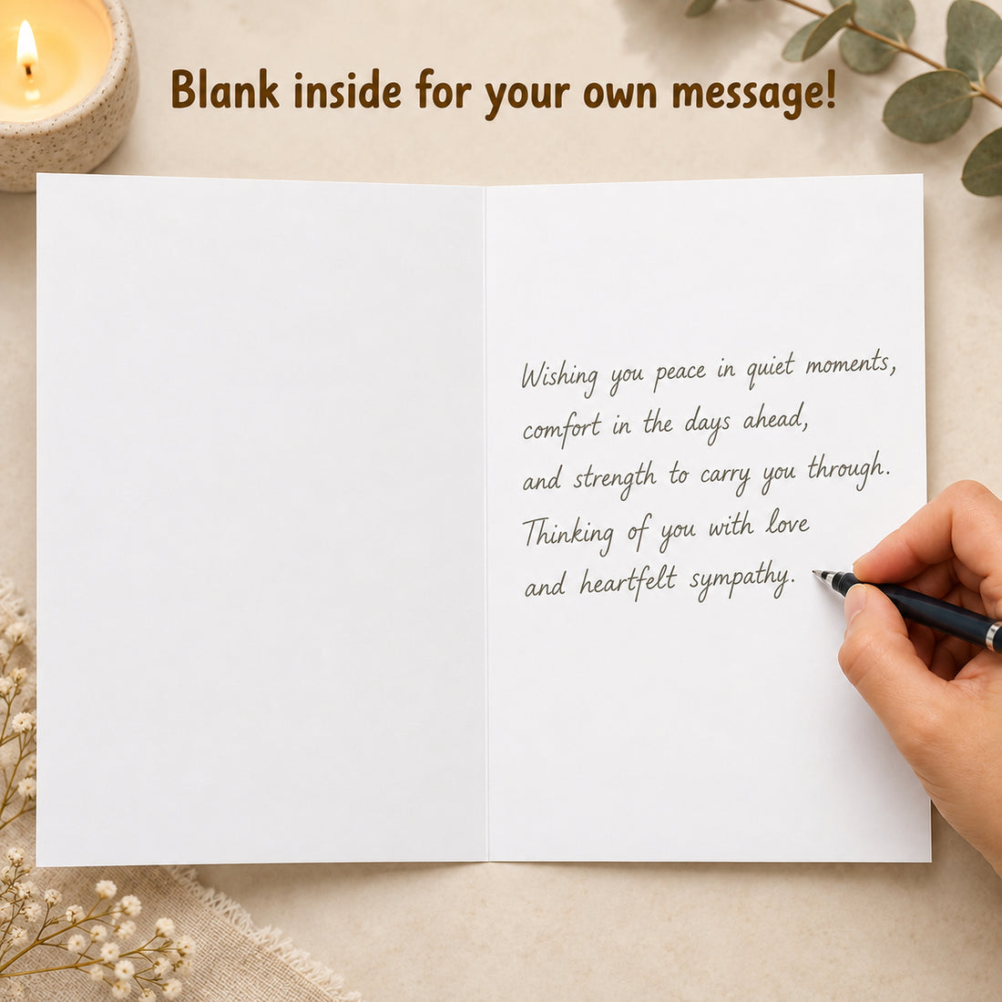 Cheerin Peace and Comfort Sympathy Card with Envelope — card interior and message example