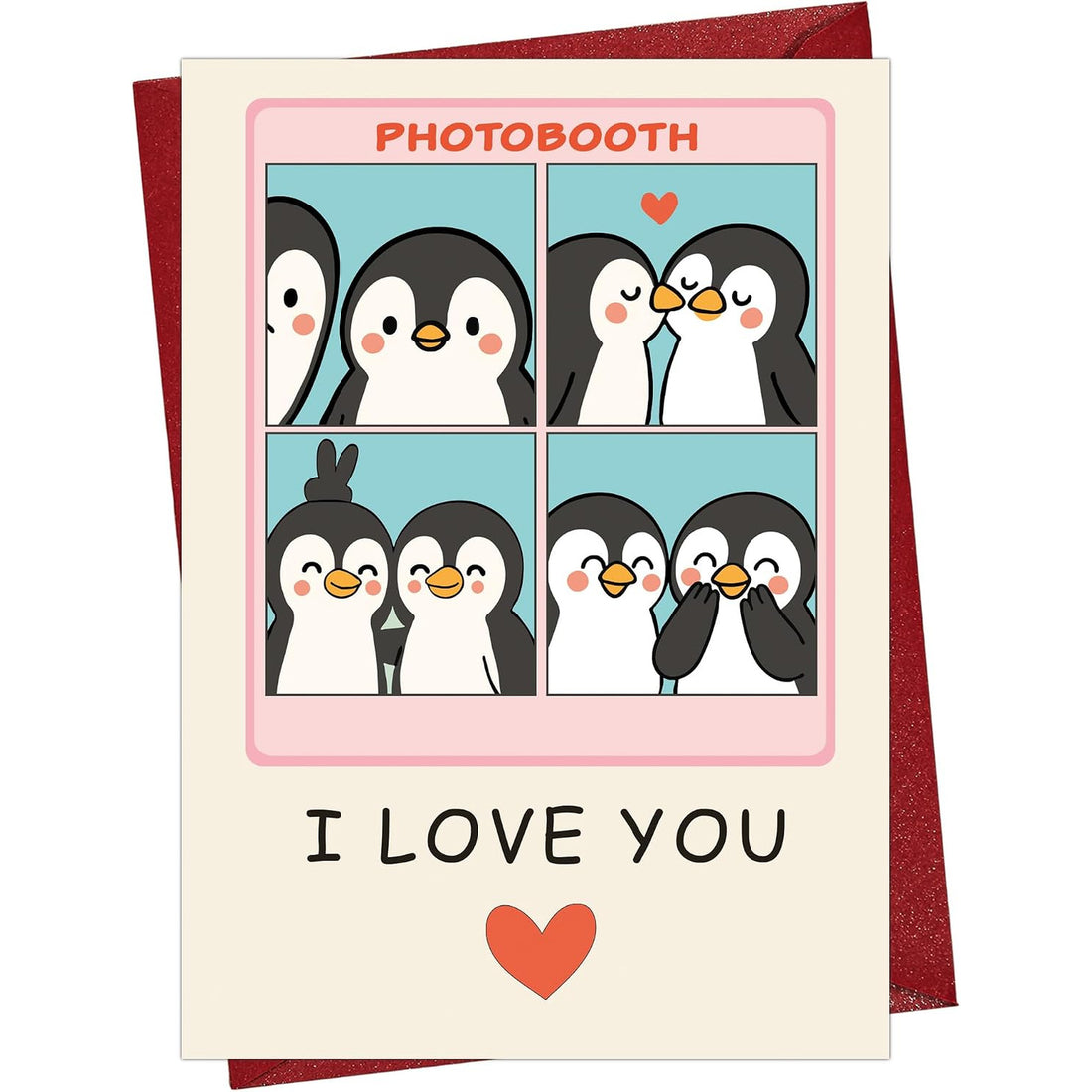 Penguin I Love You Greeting Card with Red Envelope — front cover and envelope