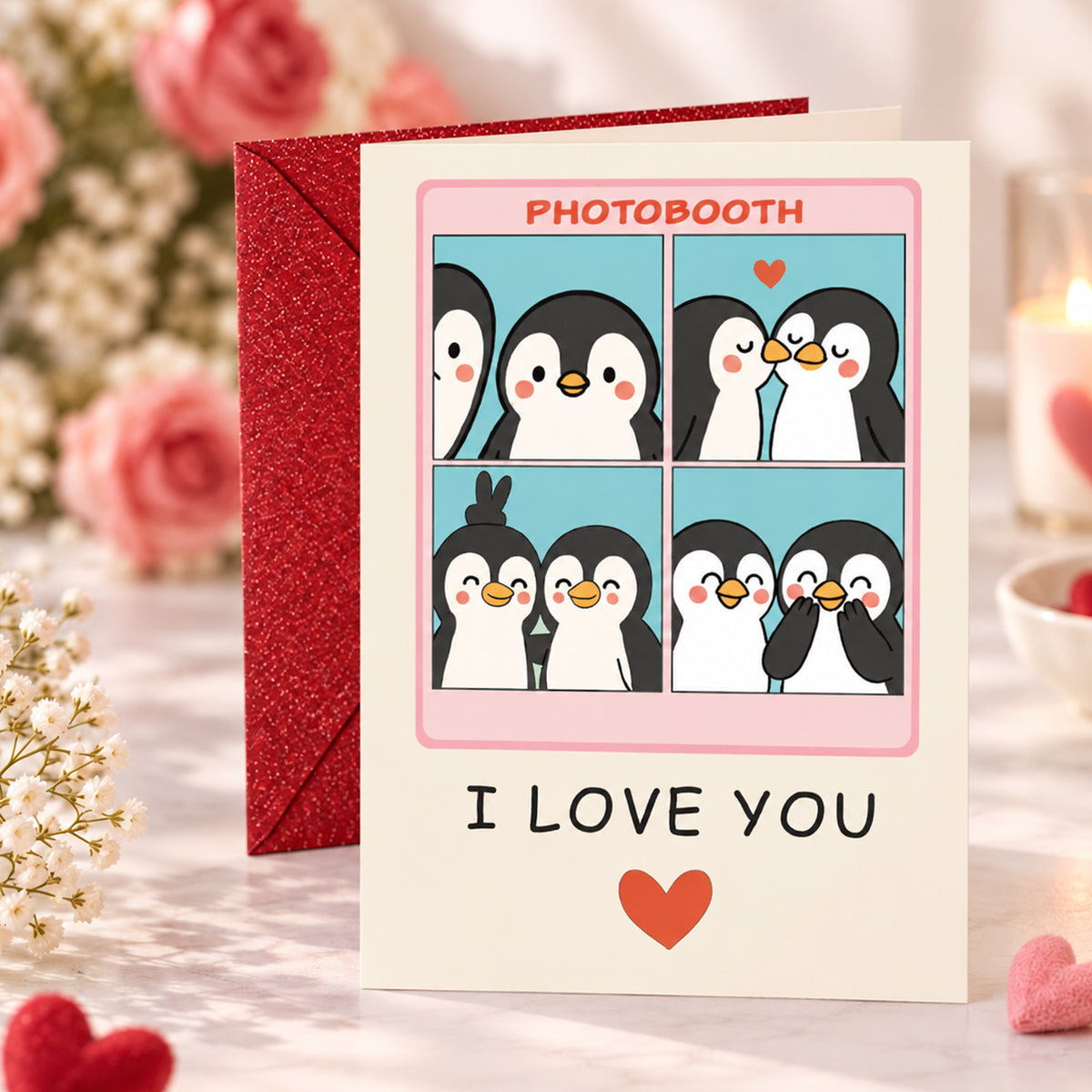 Penguin I Love You Greeting Card with Red Envelope — card in a gift setting