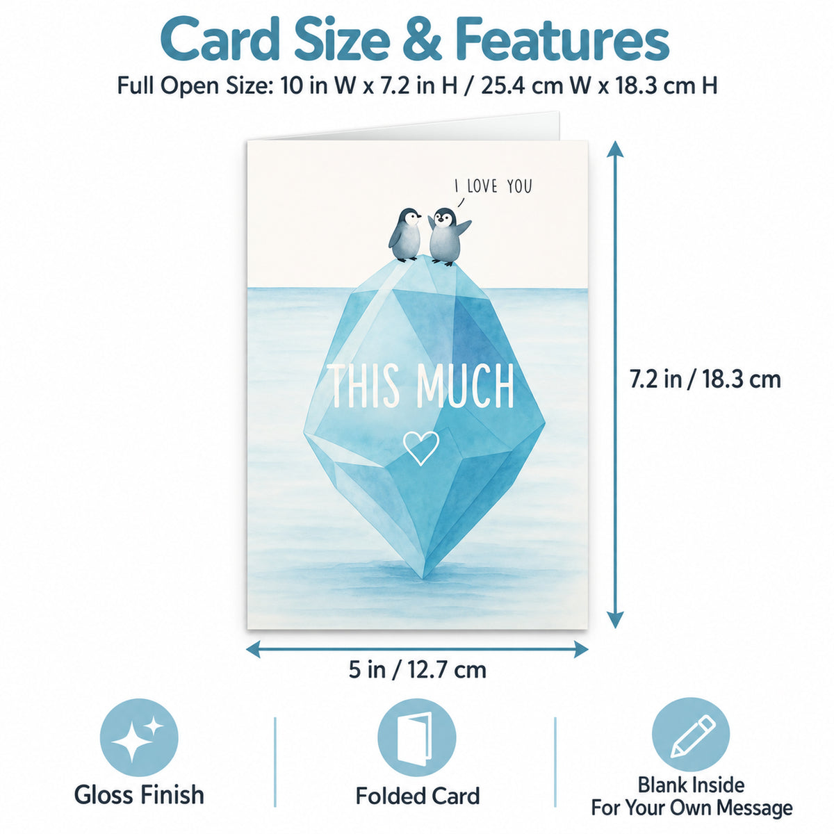 Penguin I Love You Card with Red Envelope — card dimensions and features