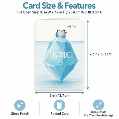Penguin I Love You Card with Red Envelope — card dimensions and features
