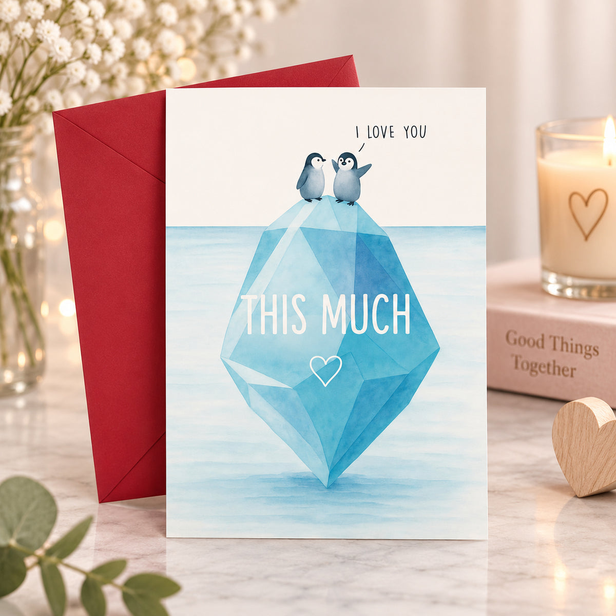 Penguin I Love You Card with Red Envelope — card in a gift setting