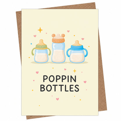 Popping Bottles Baby Shower Card — front cover and envelope