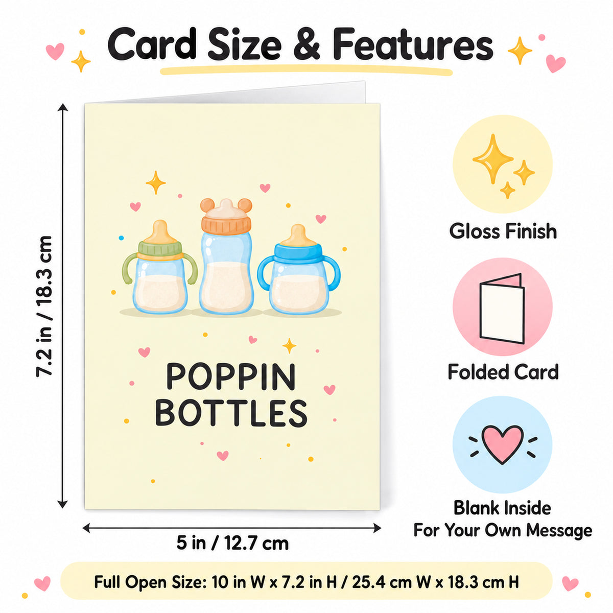 Popping Bottles Baby Shower Card — card dimensions and features