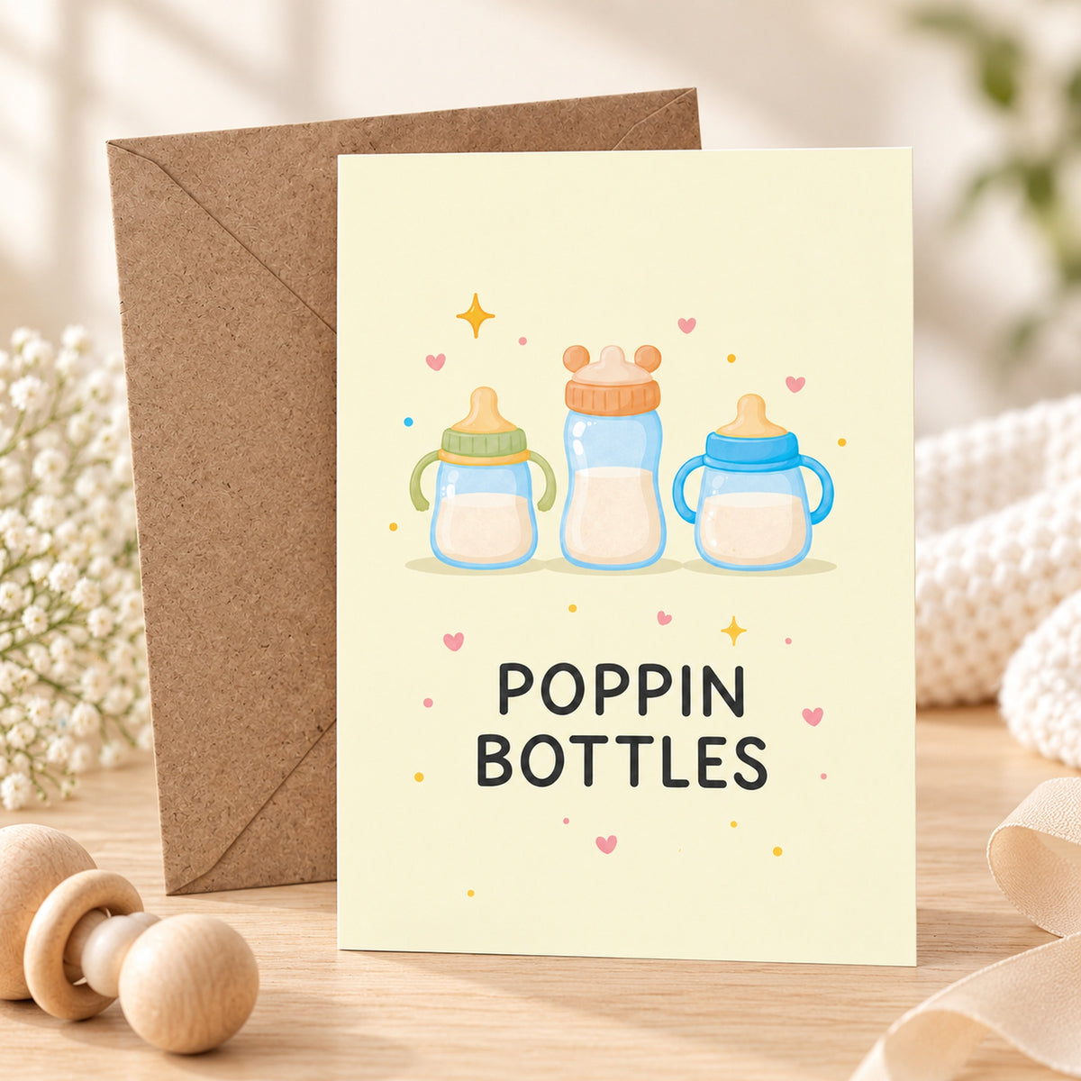 Popping Bottles Baby Shower Card — card in a gift setting