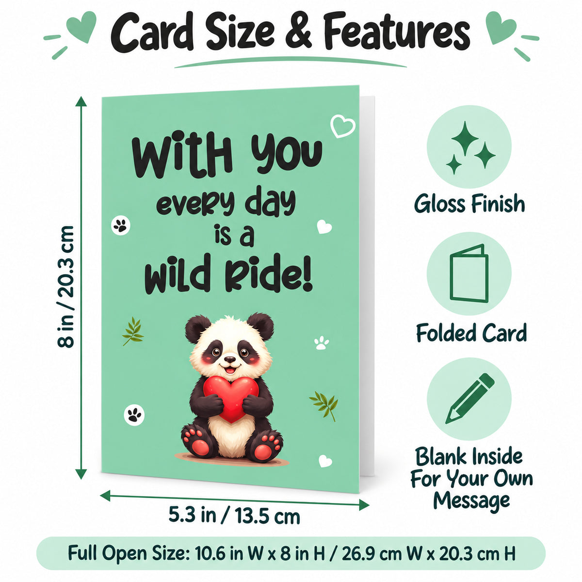 Panda Love Greeting Card with Red Envelope — card dimensions and features