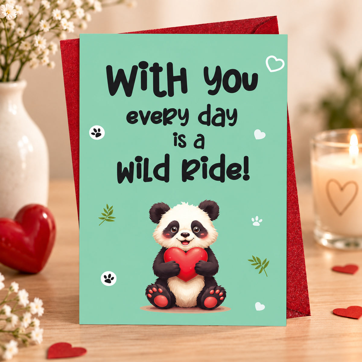 Panda Love Greeting Card with Red Envelope — card in a gift setting