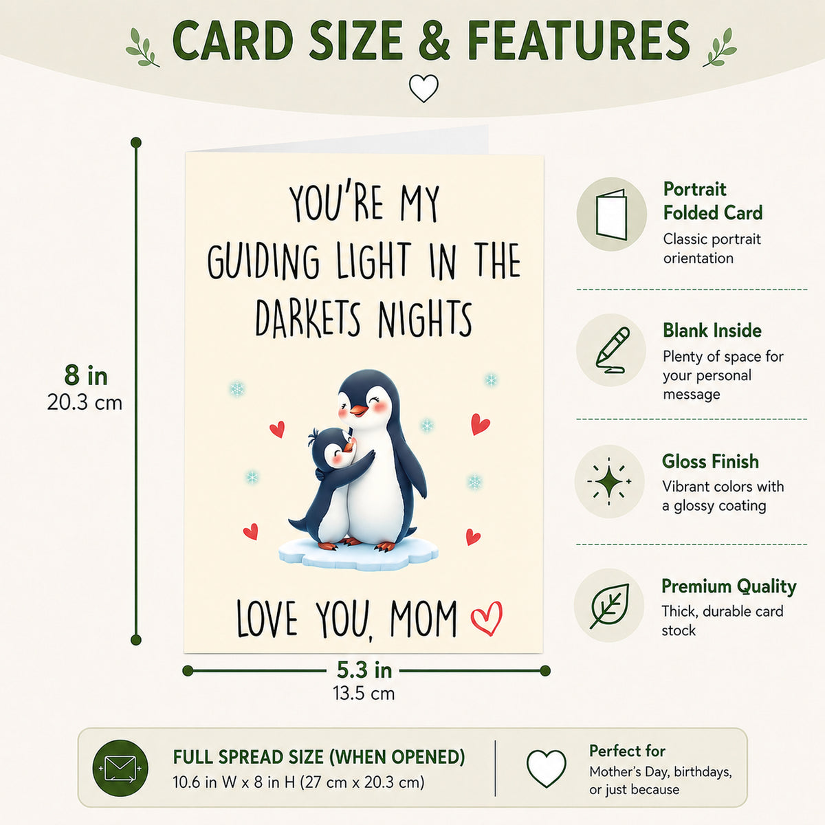 Sentimental Penguin Love Card for Mom with Red Envelope card size and product features