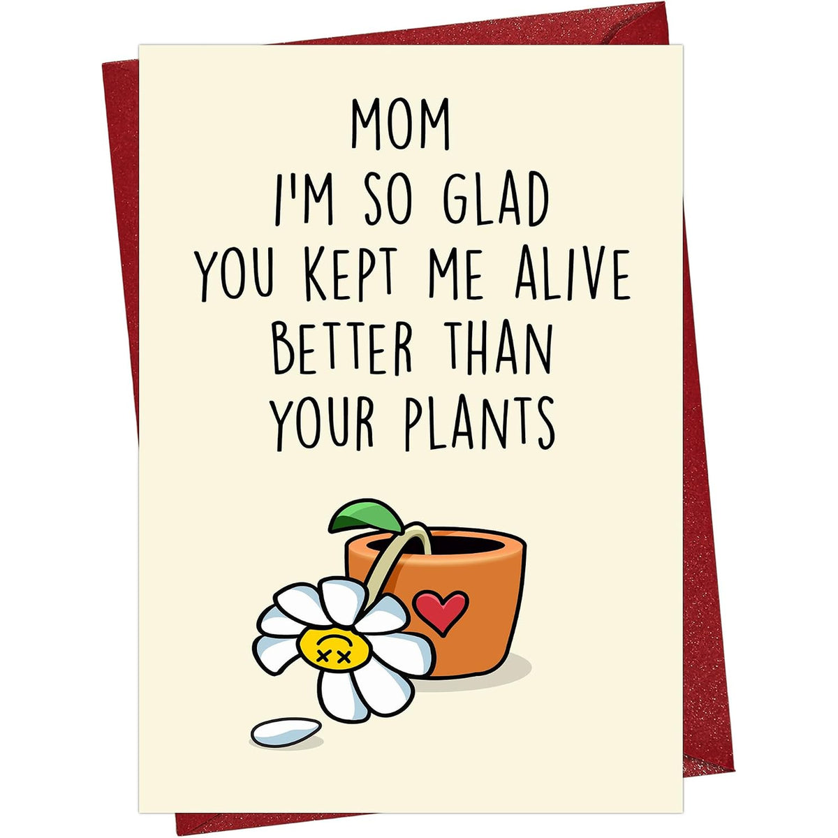 Funny Plant Card for Mom with Red Envelope — front cover and envelope
