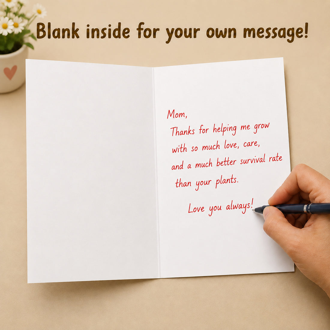 Funny Plant Card for Mom with Red Envelope — card interior and message example