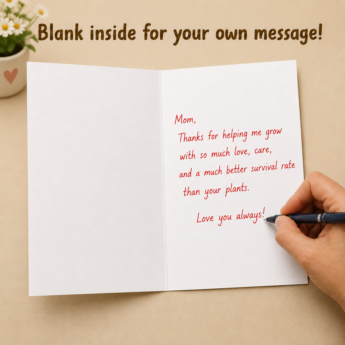 Funny Plant Card for Mom with Red Envelope — card interior and message example