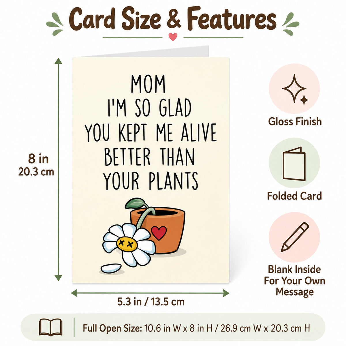 Funny Plant Card for Mom with Red Envelope — card dimensions and features