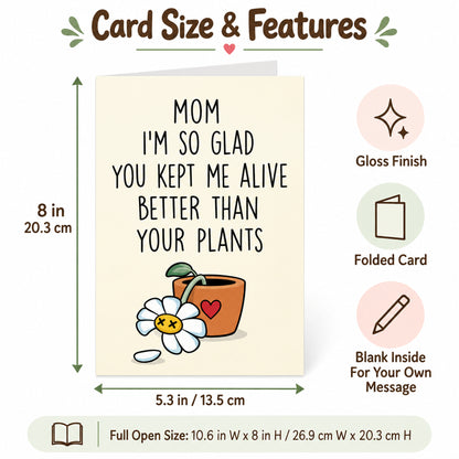 Funny Plant Card for Mom with Red Envelope — card dimensions and features