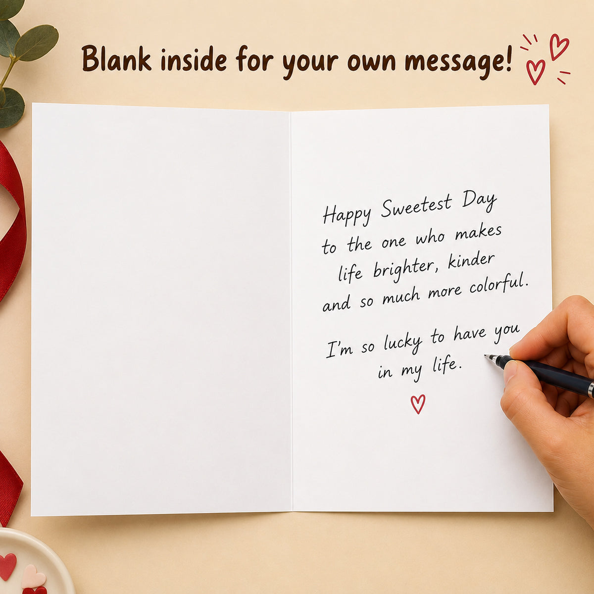 Rainbow Heart Pride Love Greeting Card — card interior and message example