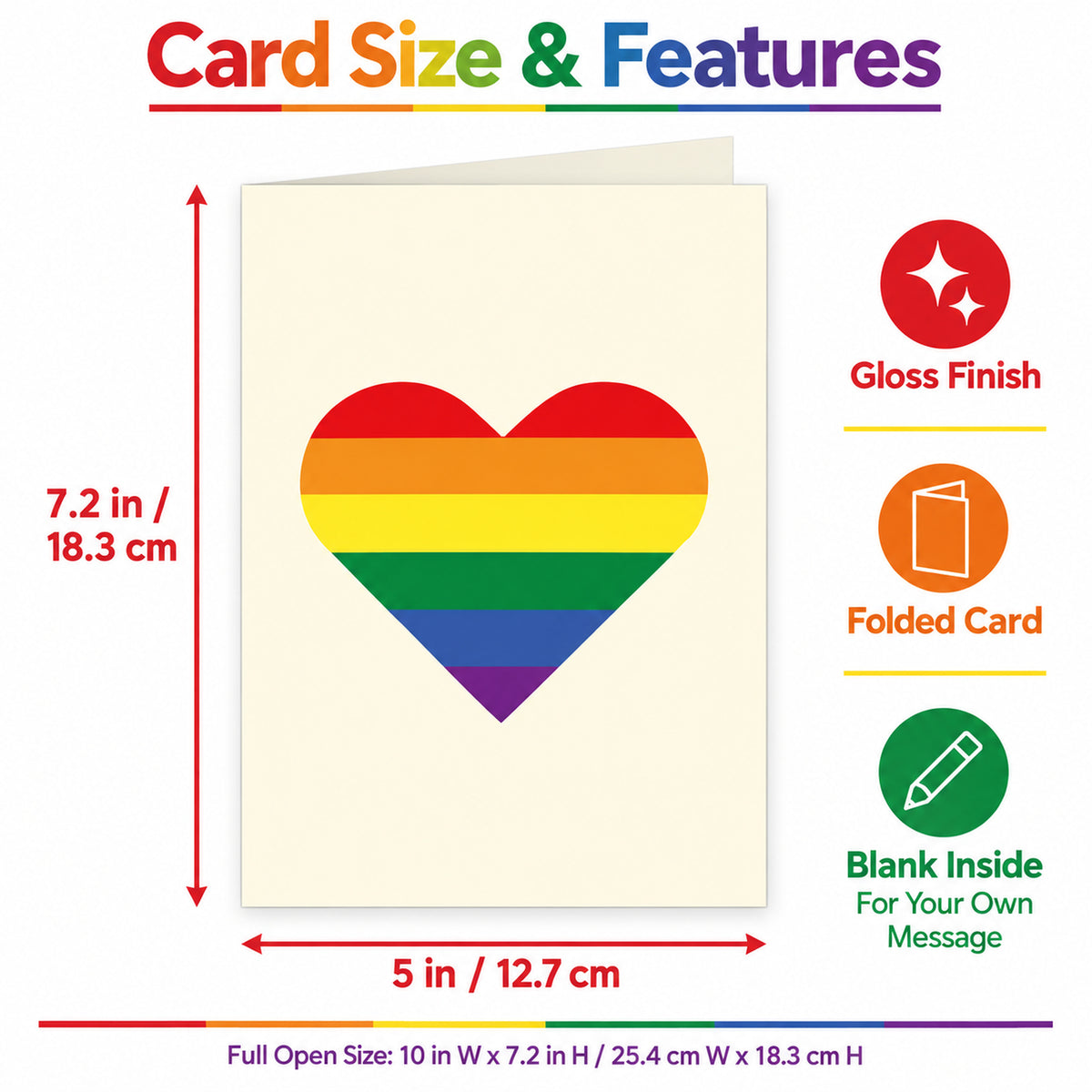 Rainbow Heart Pride Love Greeting Card — card dimensions and features