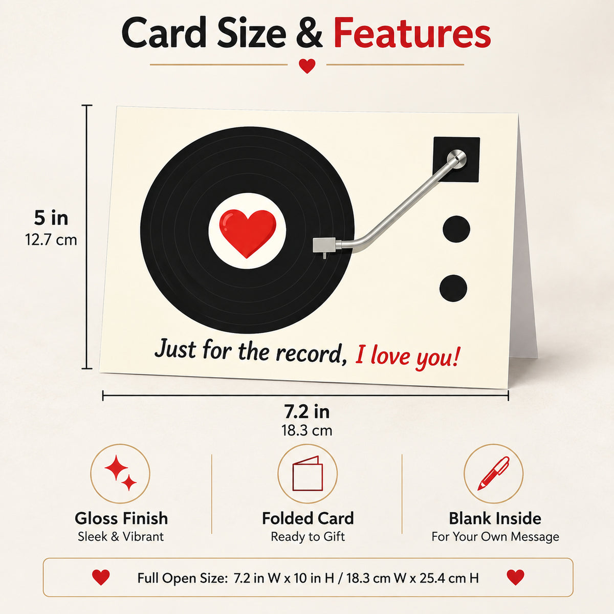 Funny I Love You Card with Red Envelope — card dimensions and features