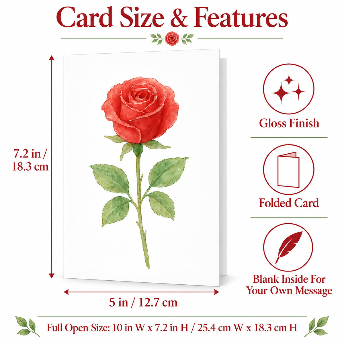 Red Rose Greeting Card Blank Inside — card dimensions and features
