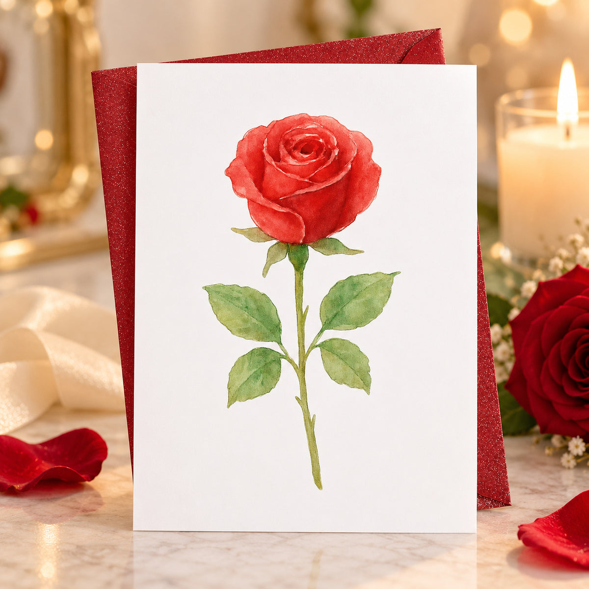 Red Rose Greeting Card Blank Inside — card in a gift setting