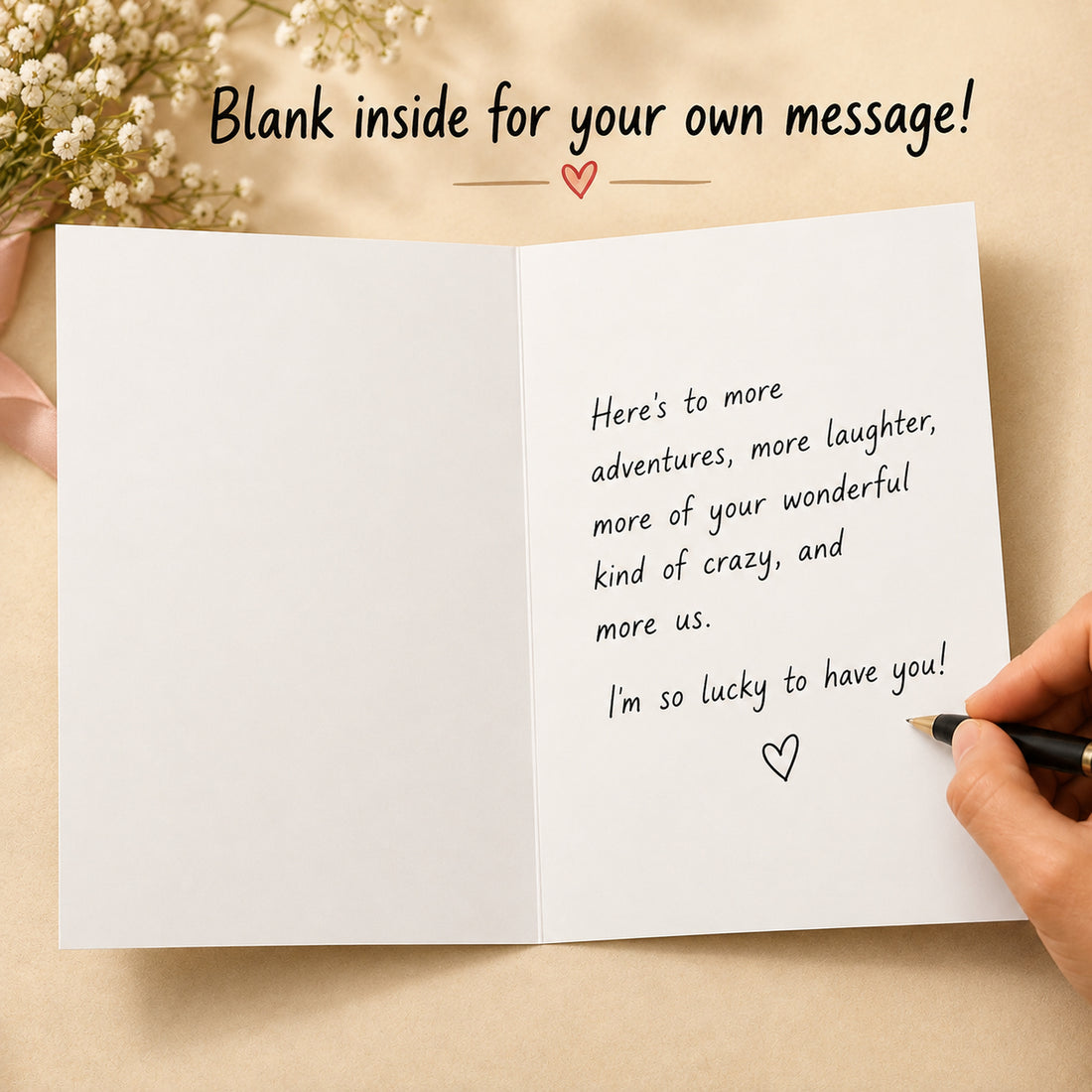 Funny Love Greeting Card With Red Envelope — card interior and message example