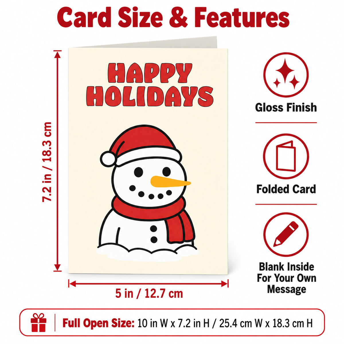 Snowman Christmas Card with Red Envelope — card dimensions and features