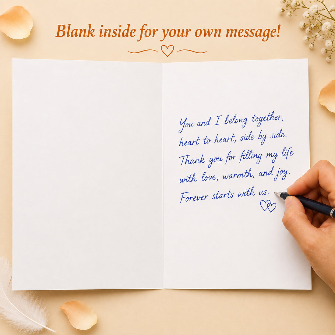 Swan Love Card with Orange Envelope — card interior and message example