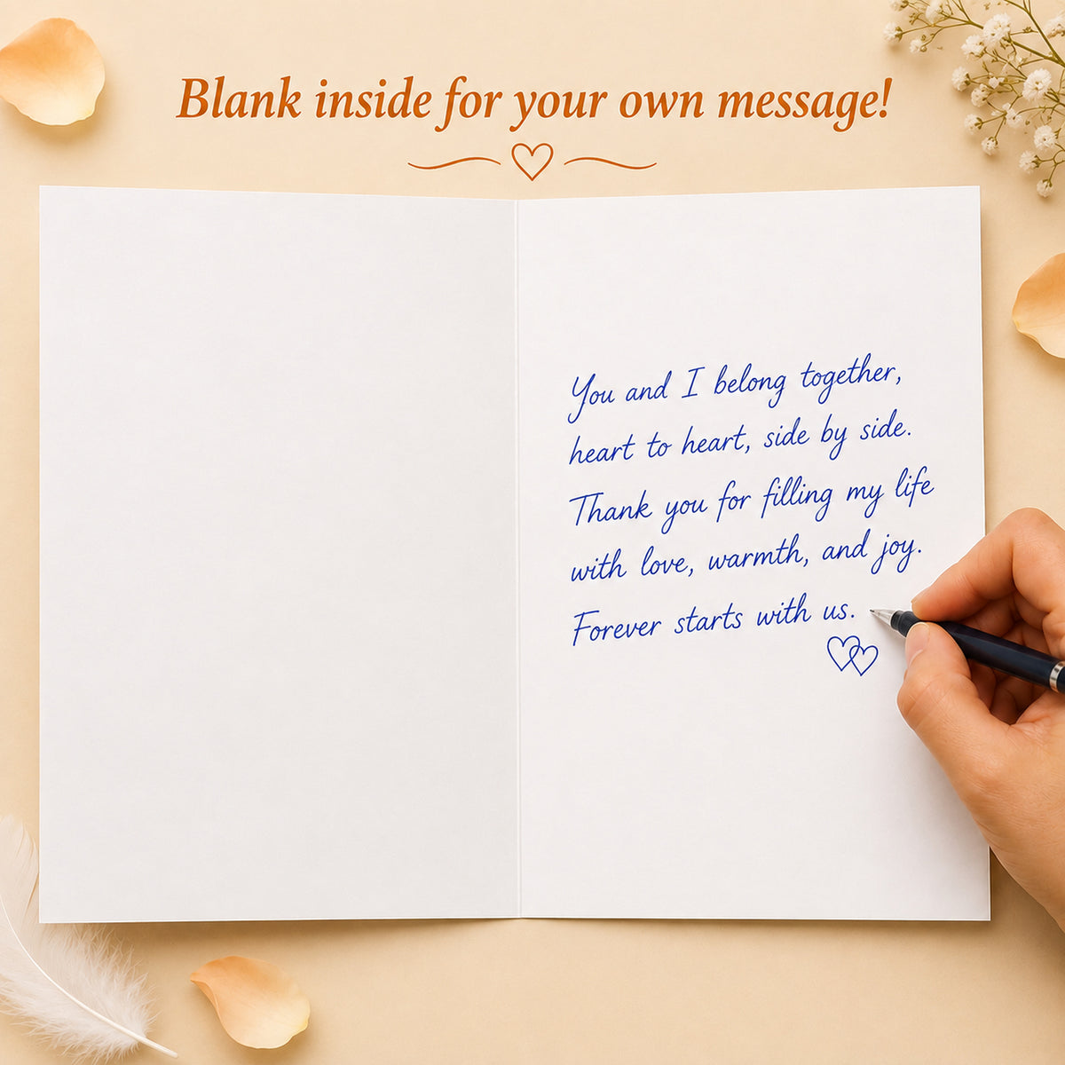 Swan Love Card with Orange Envelope — card interior and message example