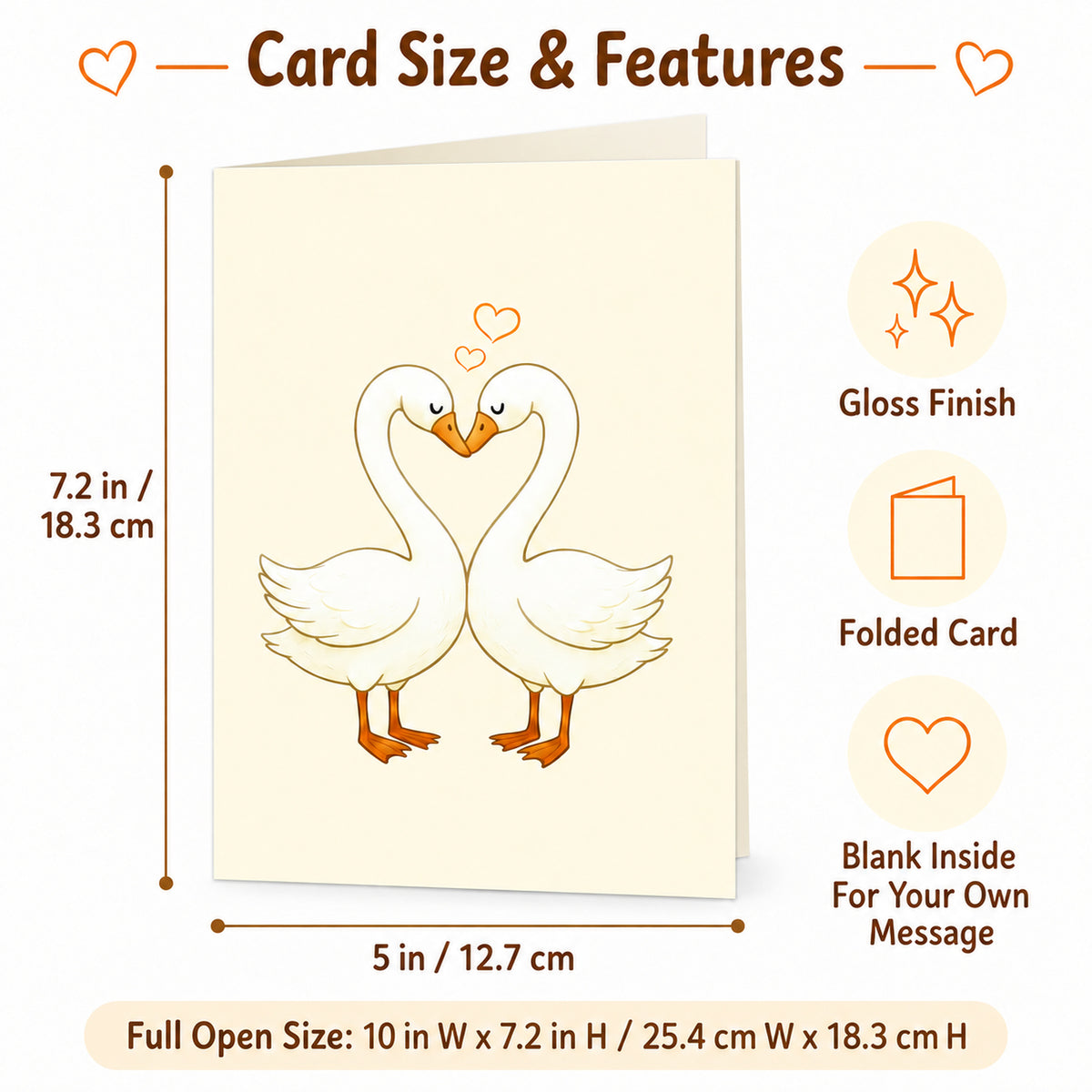 Swan Love Card with Orange Envelope — card dimensions and features