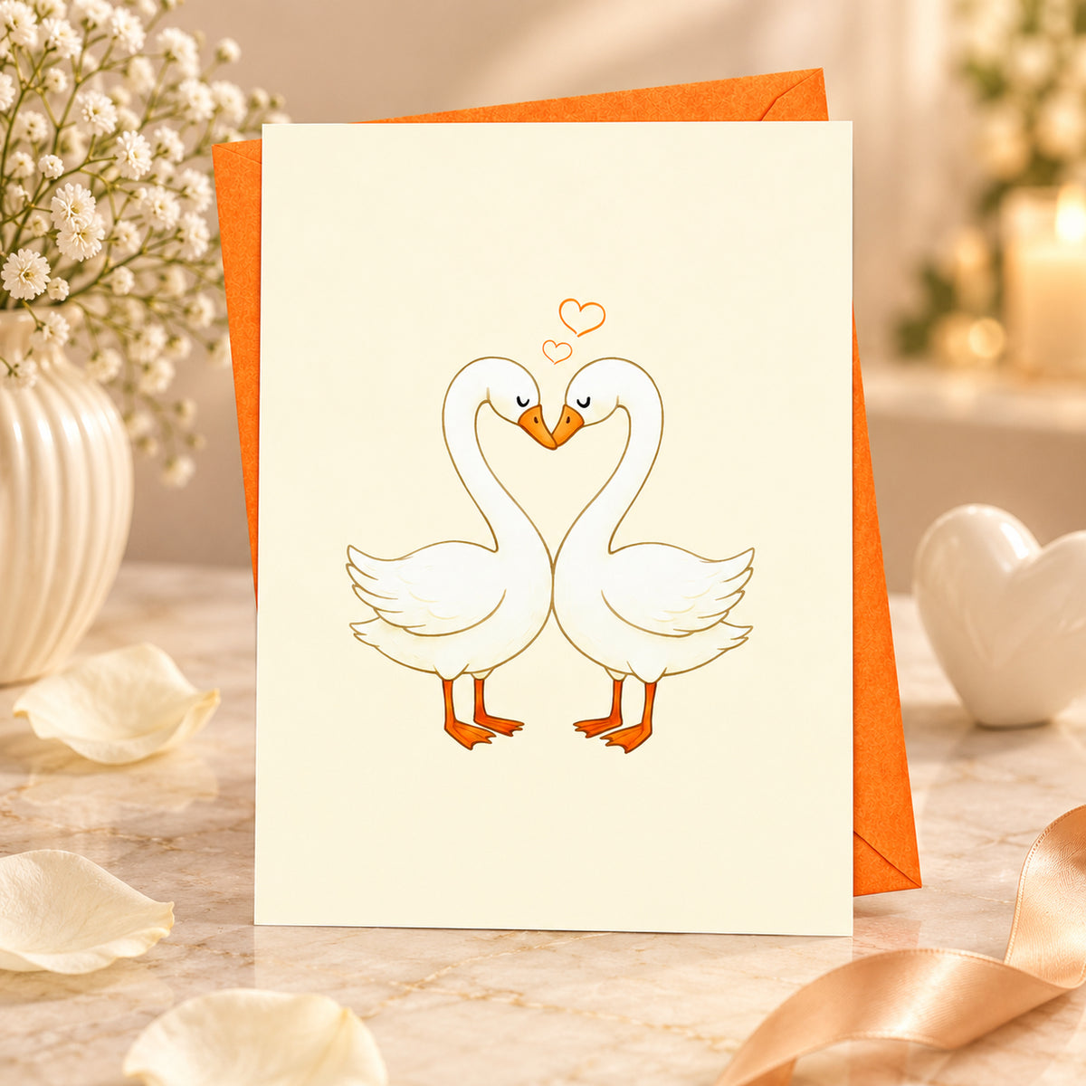 Swan Love Card with Orange Envelope — card in a gift setting