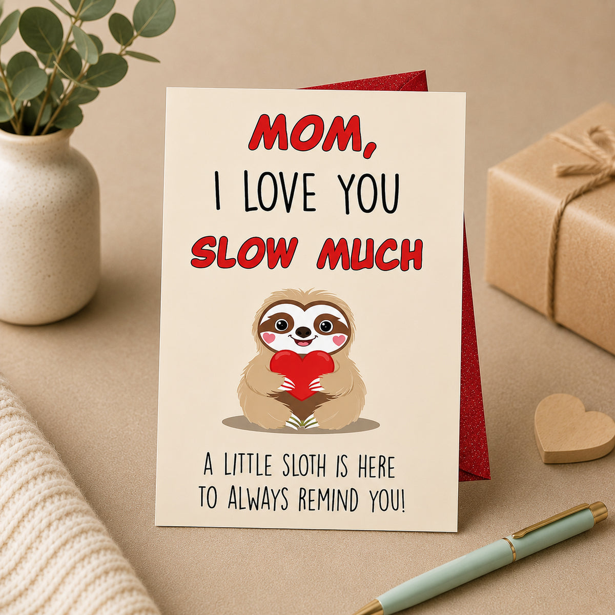 Funny Sloth I Love You Card for Mom with Red Envelope — card in a gift setting