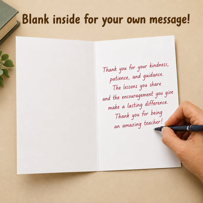 Teacher Appreciation Thank You Card with Red Envelope — card interior and message example