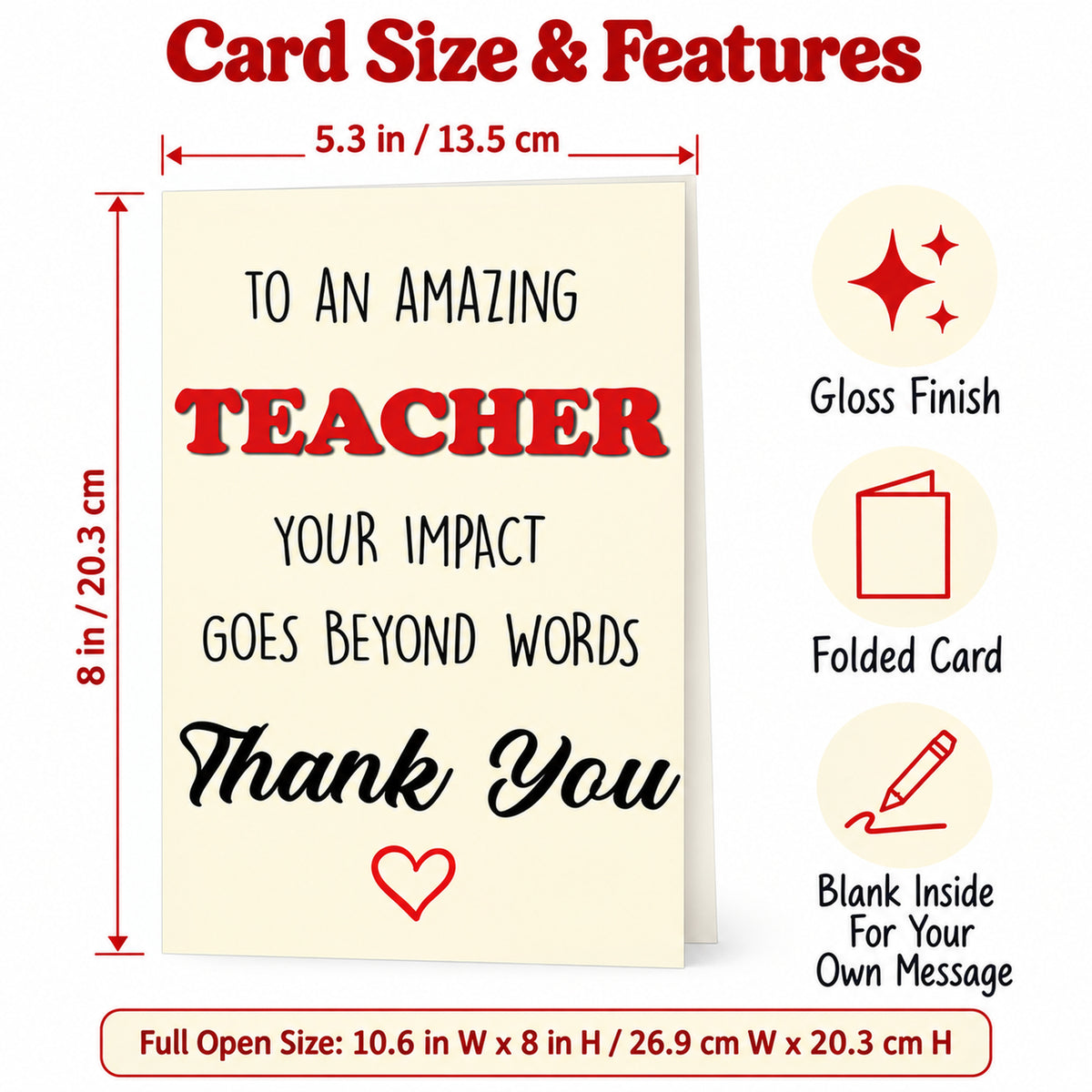 Teacher Appreciation Thank You Card with Red Envelope — card dimensions and features