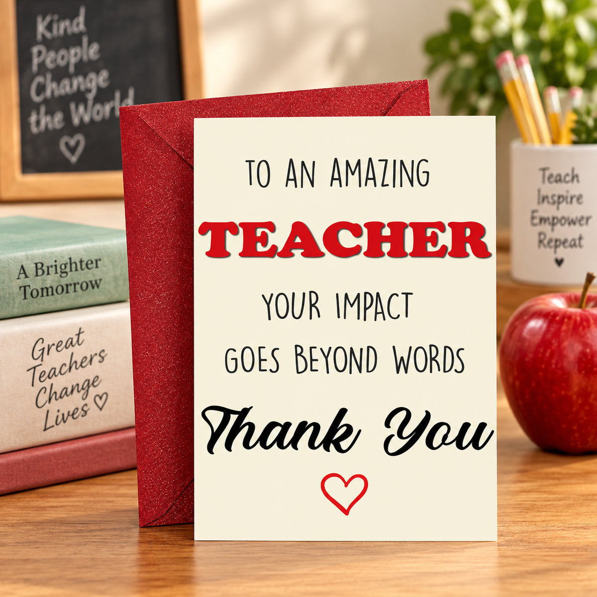 Teacher Appreciation Thank You Card with Red Envelope — card in a gift setting
