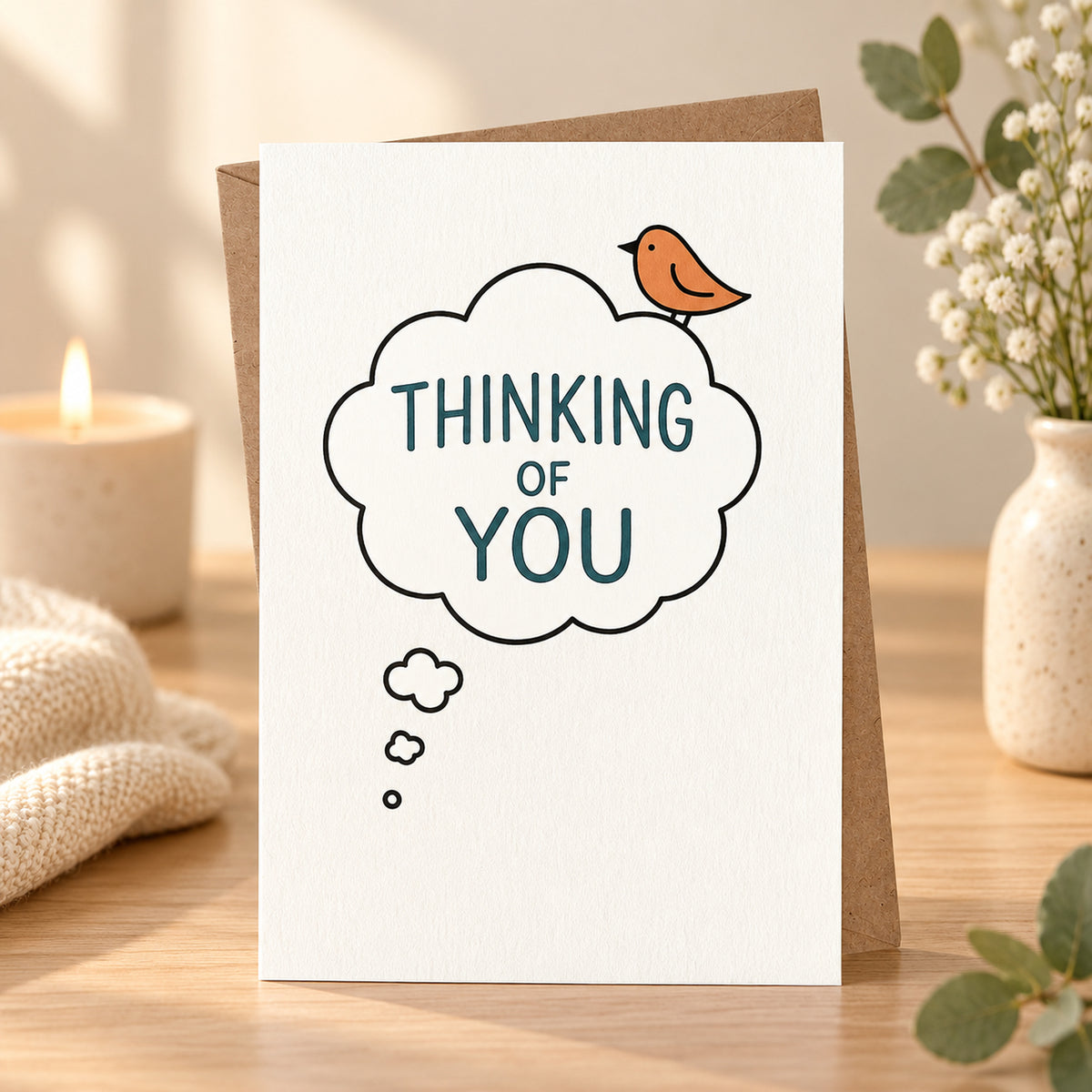 Thinking of You Greeting Card with Kraft Envelope — card in a gift setting