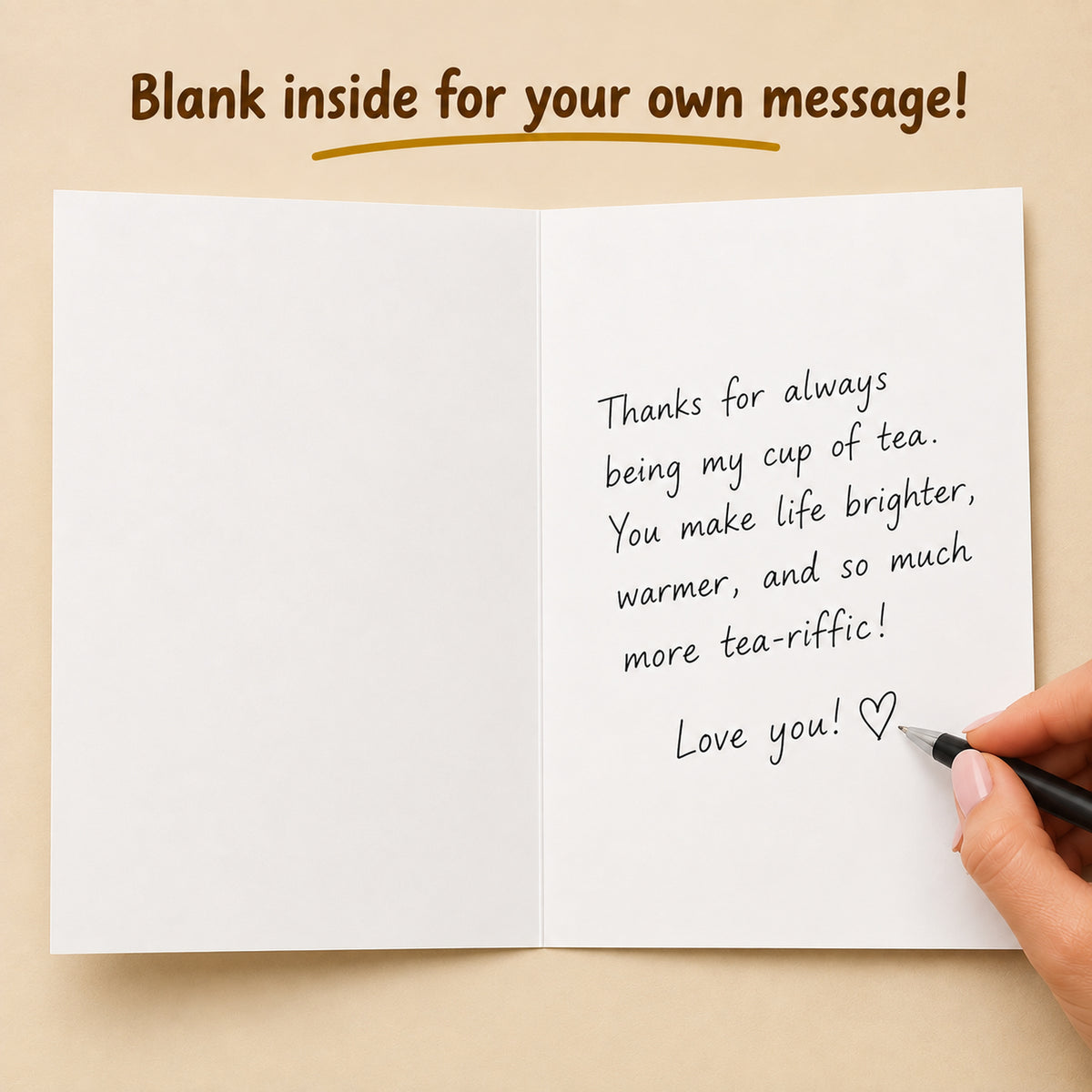Funny Mom Tea Pun Greeting Card Blank Inside — card interior and message example