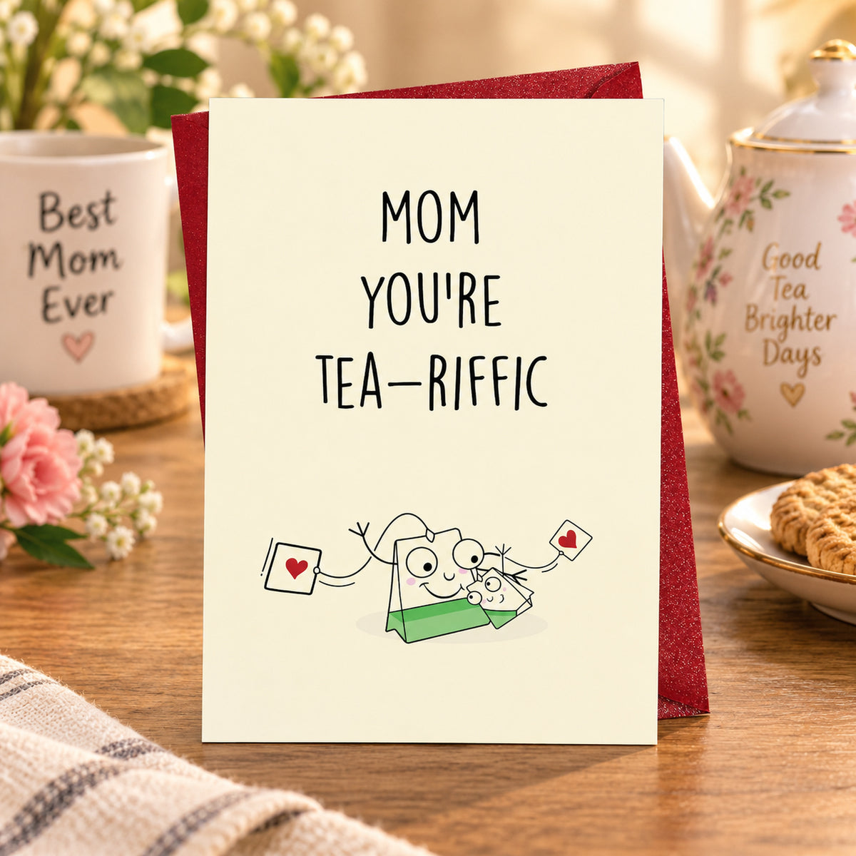 Funny Mom Tea Pun Greeting Card Blank Inside — card in a gift setting