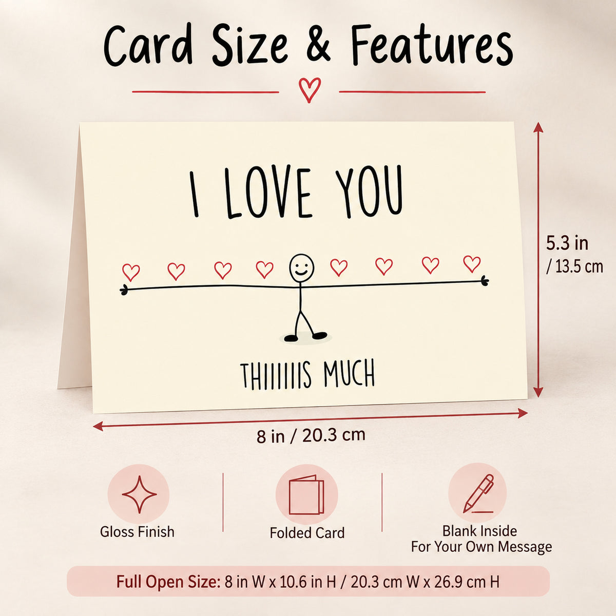 Funny I Love You Card with Red Envelope — card dimensions and features