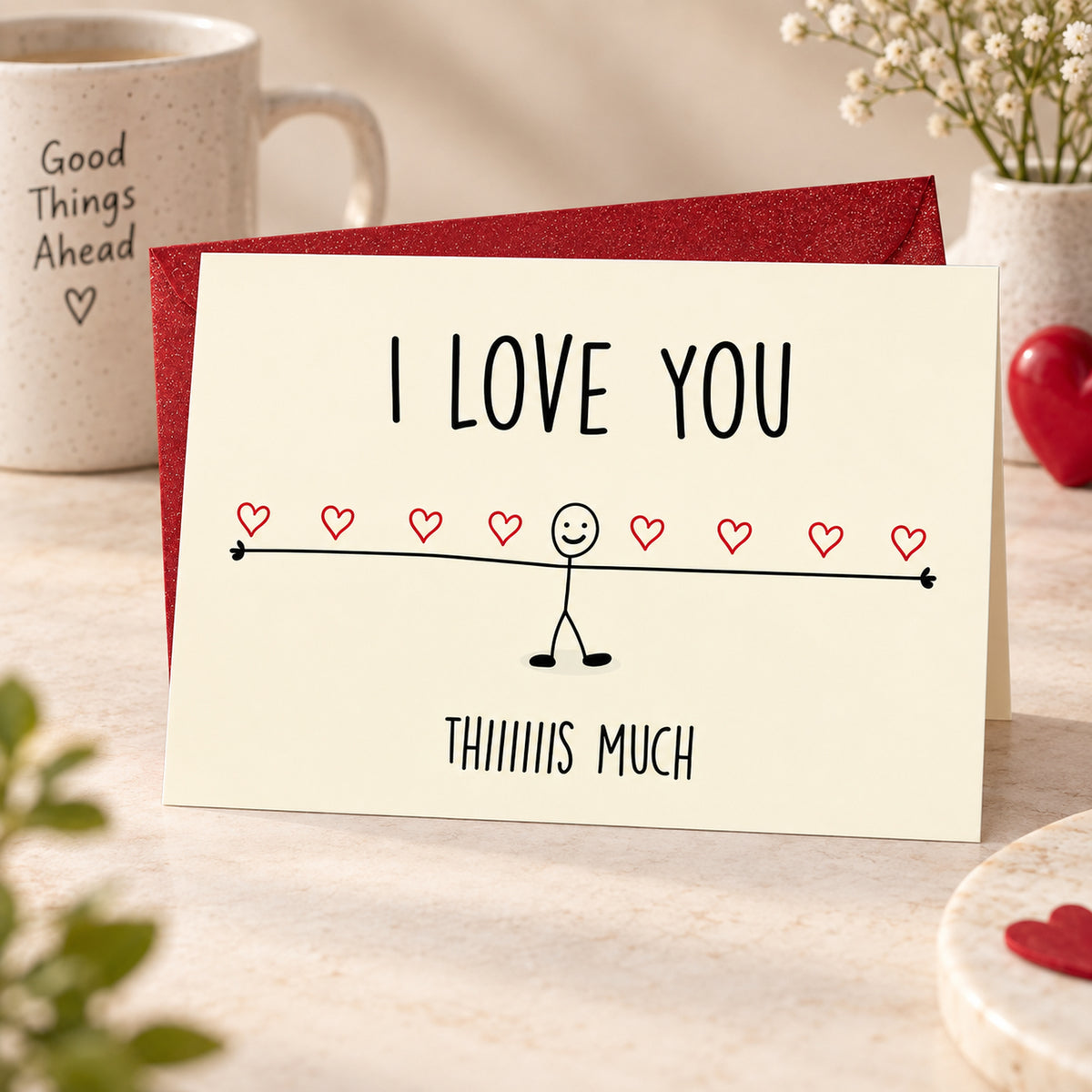 Funny I Love You Card with Red Envelope — card in a gift setting