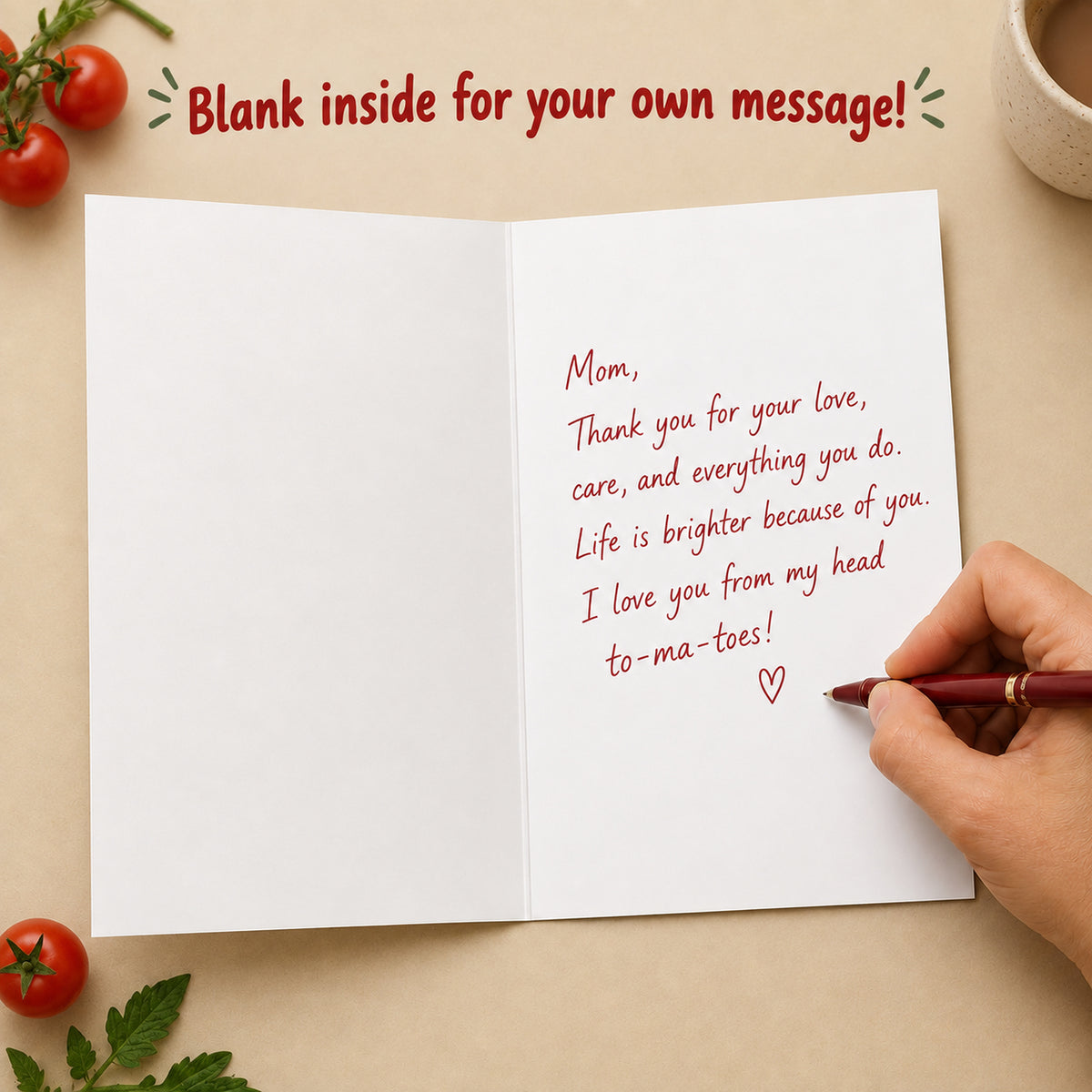 Funny Tomato Mom Card, Blank Inside — card interior and message example