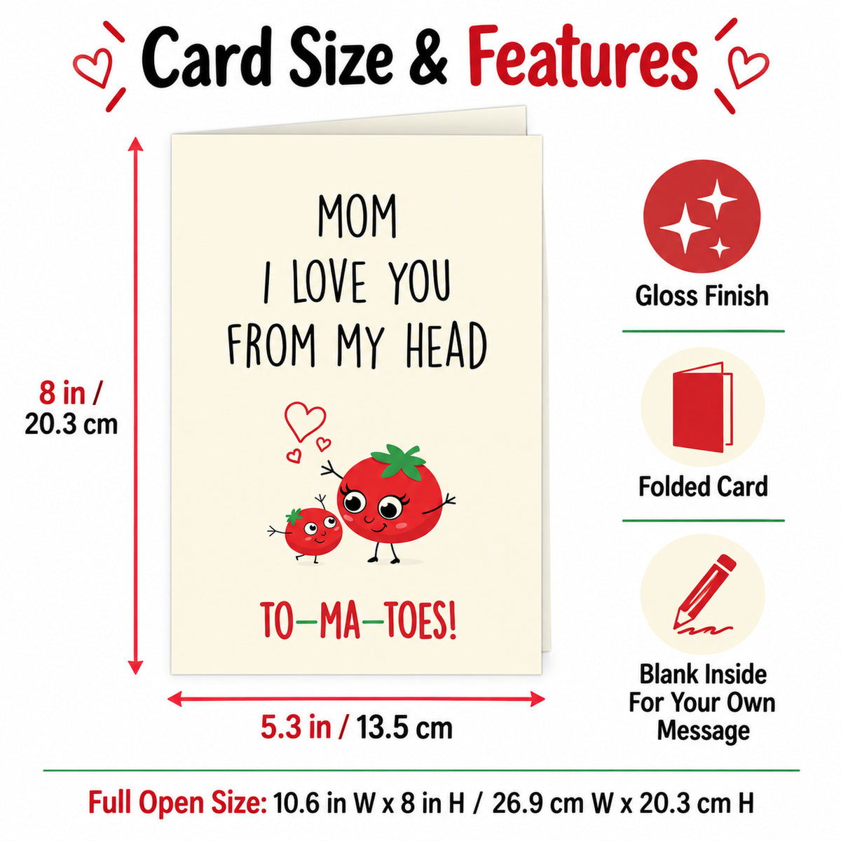 Funny Tomato Mom Card, Blank Inside — card dimensions and features