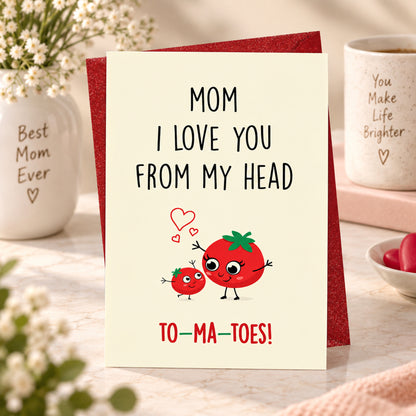 Funny Tomato Mom Card, Blank Inside — card in a gift setting