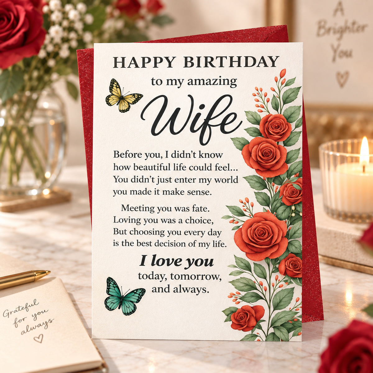 Cheerin Amazing Wife Floral Birthday Card — card in a gift setting